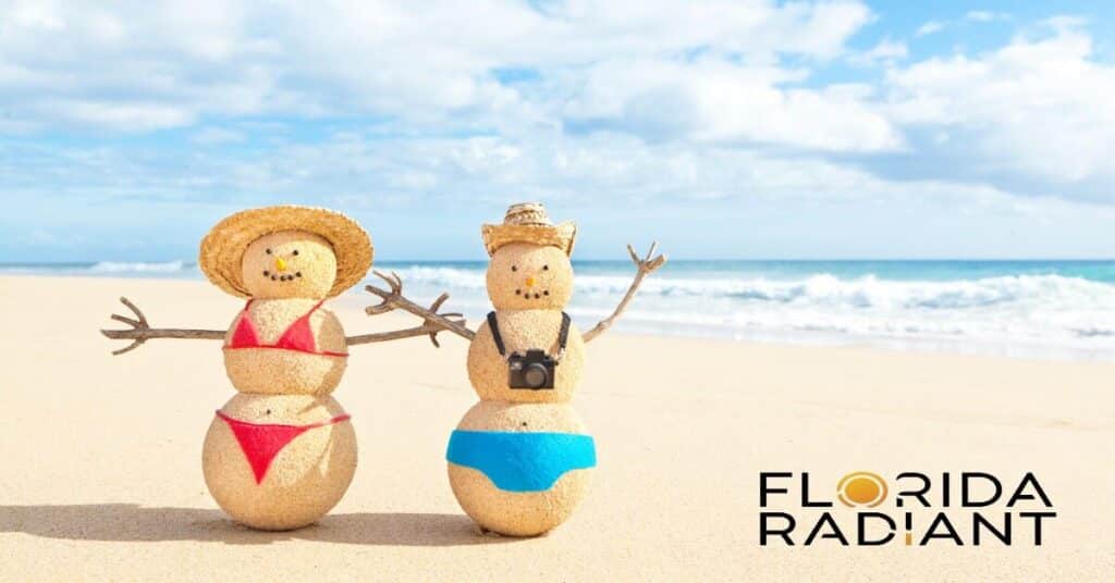 wo beachgoers in bikinis, set against a backdrop of sand and sea, featuring the words "Florida Radiant."