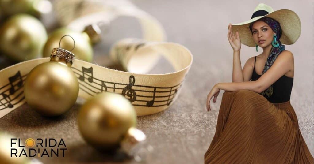 A woman in a green dress and hat sits on a table, with music notes nearby, creating a harmonious and artistic scene.