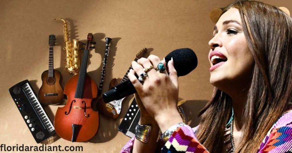 A woman sings into a microphone, immersed in her performance, with musical instruments artistically arranged nearby.