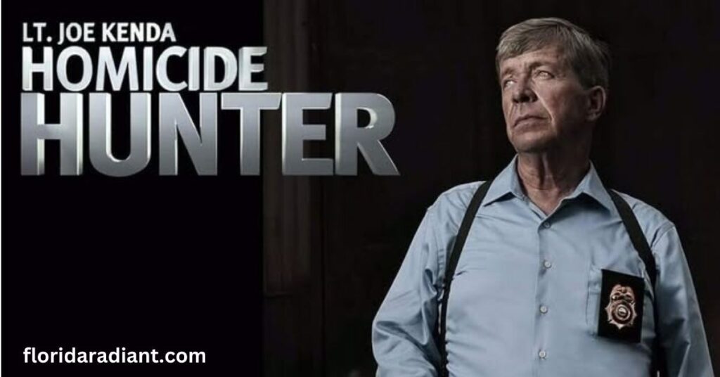 Homicide Hunter" movie poster showcasing a determined detective, set against a moody backdrop that hints at thrilling mysteries.