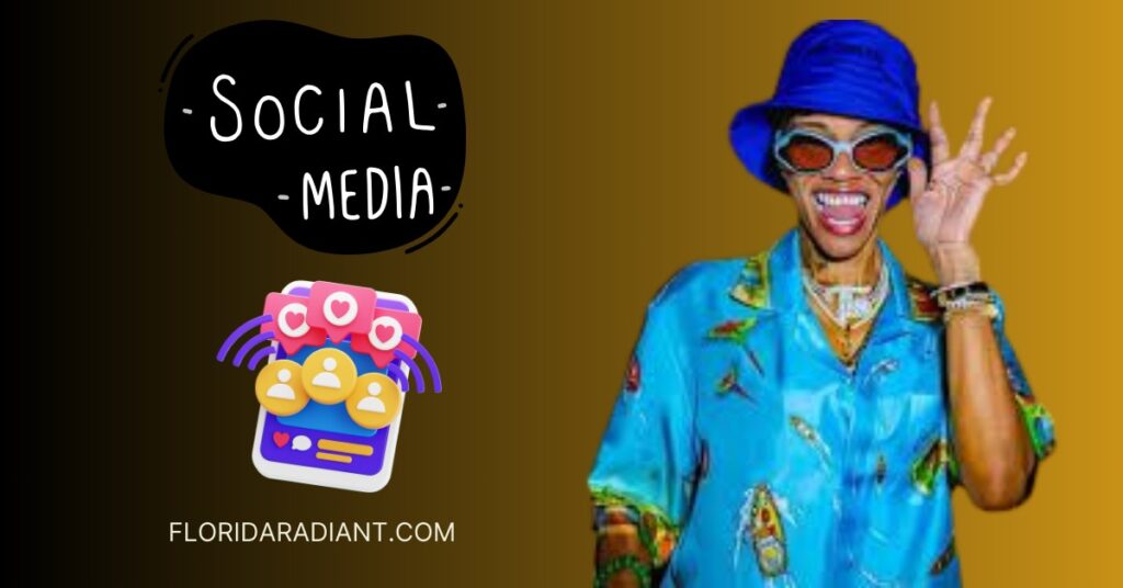 A woman in a blue hat and shirt emblazoned with "social media" poses, symbolizing modern digital communication.