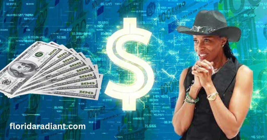 A woman wearing a cowboy hat stands confidently beside a large stack of money, exuding a sense of wealth and empowerment.