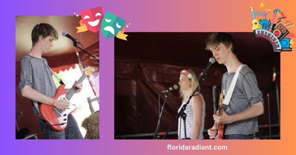 Two images depict a man and woman engaged in a lively guitar session, highlighting their shared passion for music.