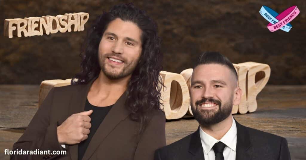 Two cheerful men with long hair and beards, sharing a moment of happiness together.