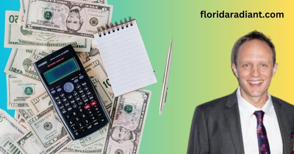 A smiling man dressed in a suit and tie stands next to a calculator, representing a positive business environment.