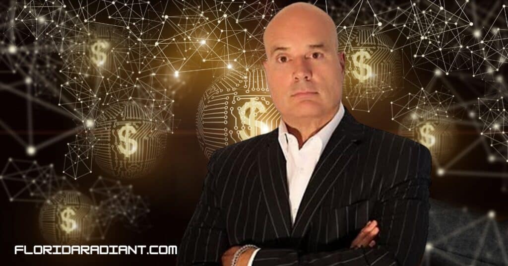 A bald man dressed in a suit poses in front of a money-filled background, representing financial prosperity and ambition.