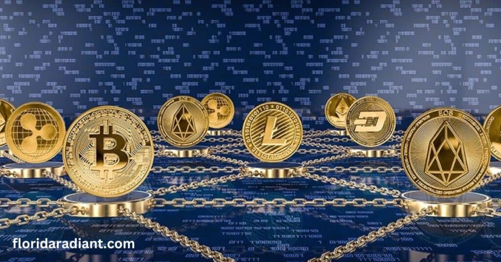 Crypto coins connected by a chain, displayed prominently on a striking blue backdrop.