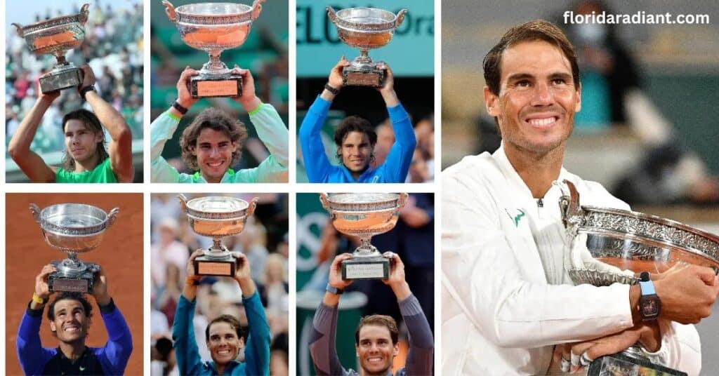 A group of tennis players celebrates their success, each holding trophies in unique poses that reflect their triumph.