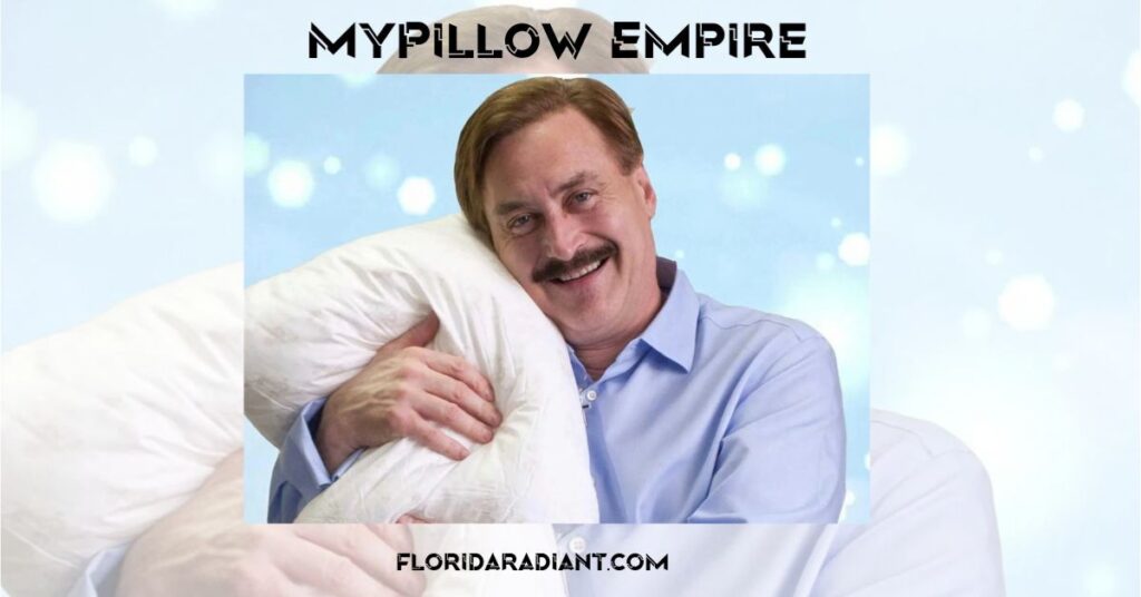 A man proudly holds a pillow featuring the phrase "My Pillow Empire," showcasing his brand and entrepreneurial spirit.